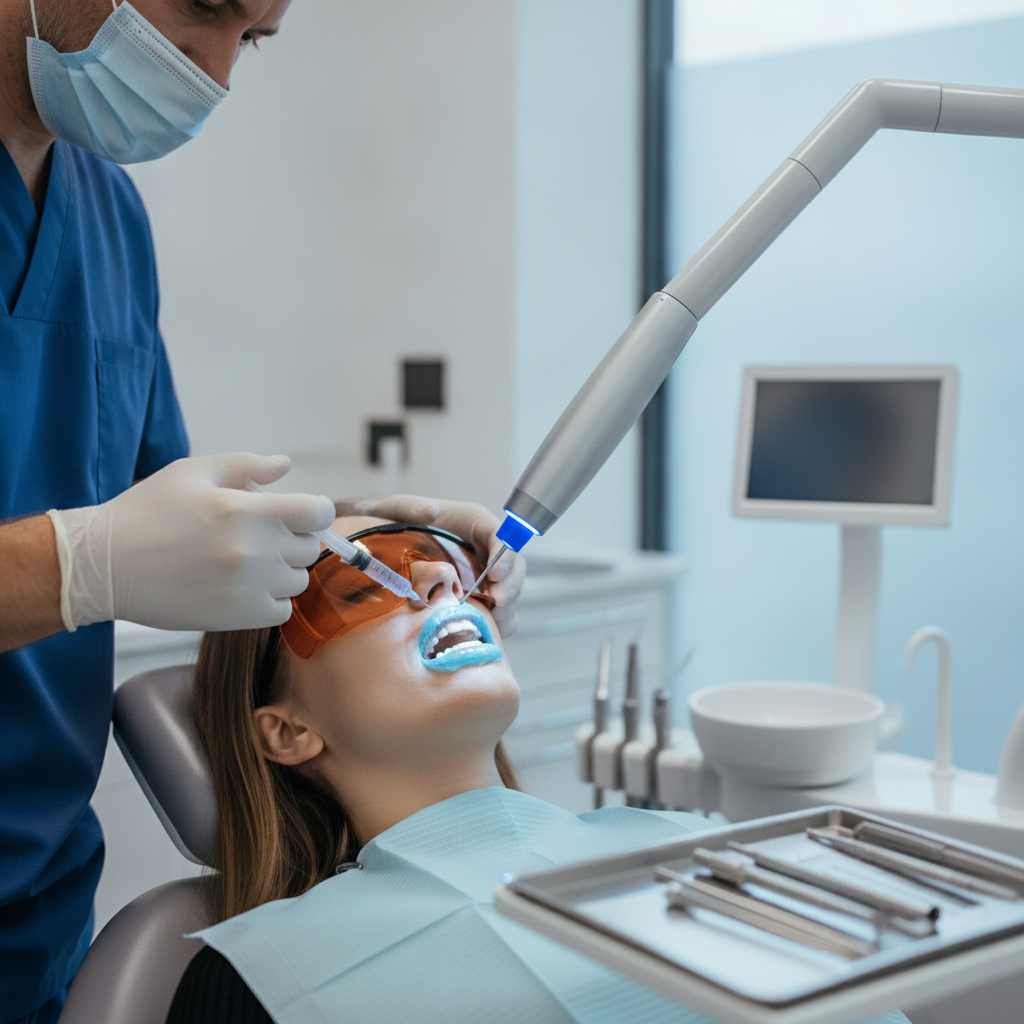 Clinical Teeth Whitening Procedure with Dentist Teeth Whitening in Turkey. Professional dentist applies gel with light activation in a modern dental clinic.