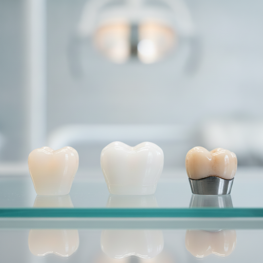 Dental Crowns in Turkey, exploring various material types like zirconia, porcelain, and metal.