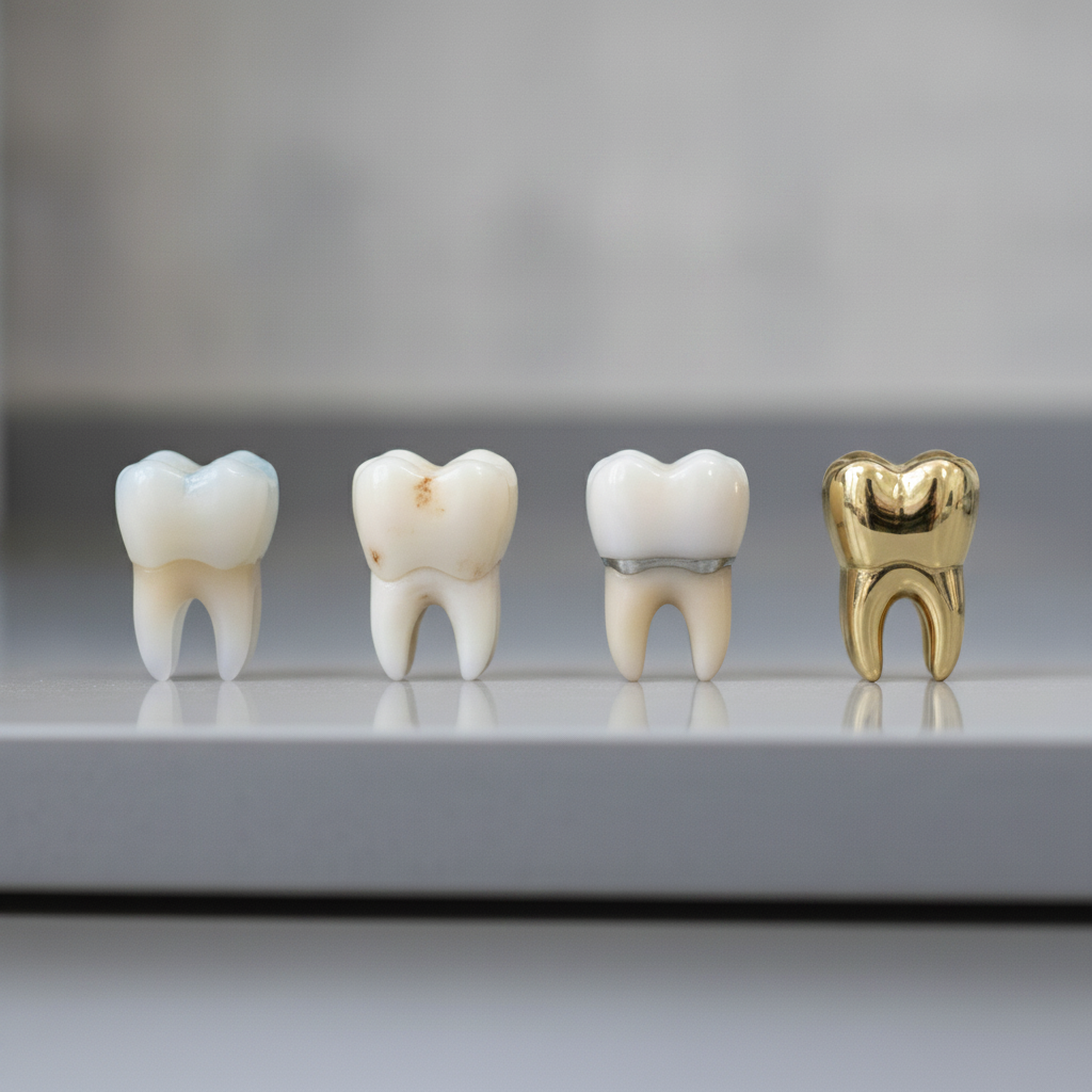 Visual comparison of various dental crown types Dental Crowns in Turkey offer various material choices, each providing unique aesthetic and durability benefits
