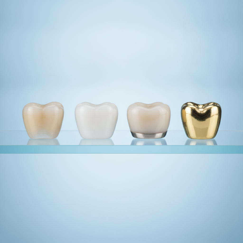 Dental Crowns in Turkey showcasing distinct materials like zirconia, E-max, and porcelain for restorative dentistry