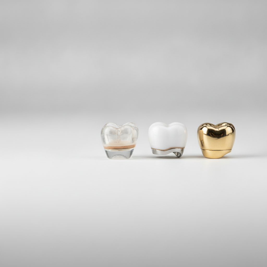 Dental Crowns in Turkey showcasing the diverse range of materials like porcelain-fused-to-metal, zirconia, and E-max