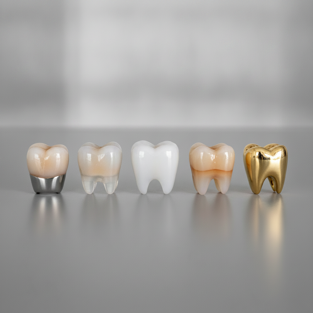 Dental Crowns in Turkey, showcasing various material types including zirconia, ceramic, and metal options