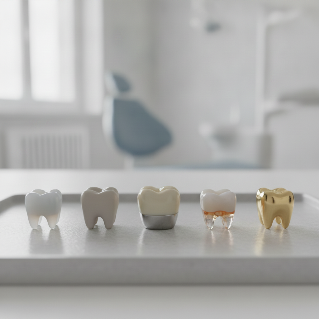 Dental Crowns in Turkey, displaying various material types: porcelain, zirconia, E-max, and metal.
