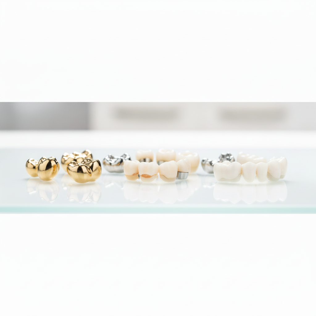 Visualizing diverse dental crown materials Dental Crowns in Turkey provide diverse material options like natural porcelain, strong zirconia, and durable metal