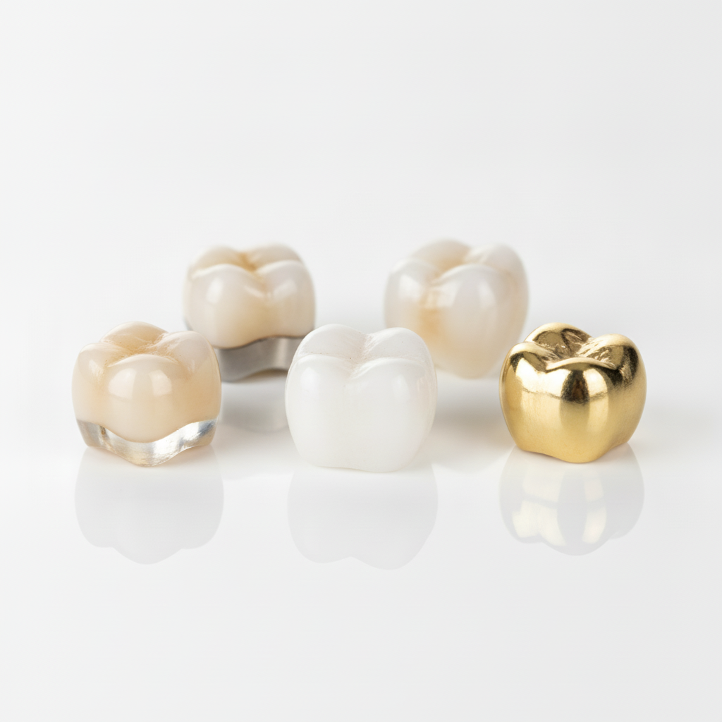 Dental Crowns in Turkey showcasing various materials like porcelain, zirconia, E-max, and metal for diverse needs