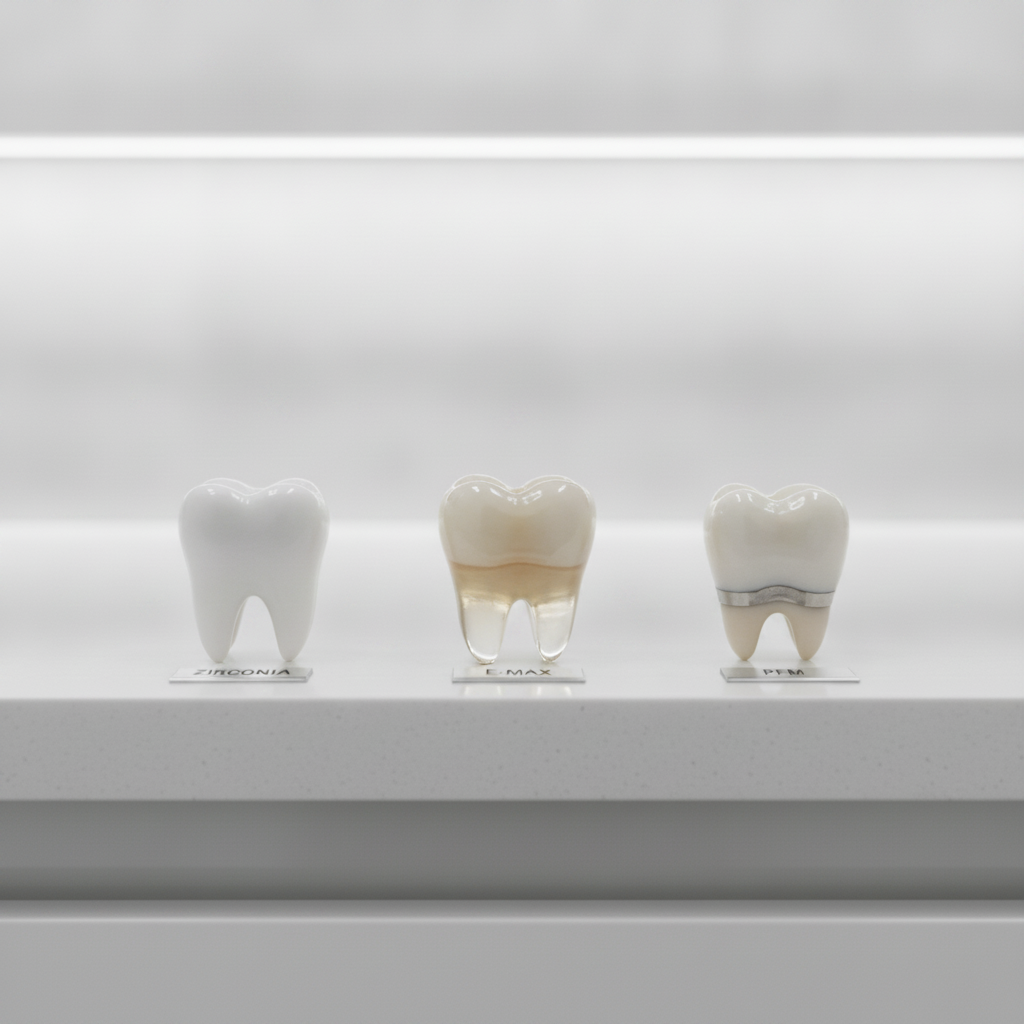 Comparing dental crown material options and aesthetics Dental Crowns in Turkey: Different types like zirconia, E-max, and PFM showcasing materials and aesthetic qualities