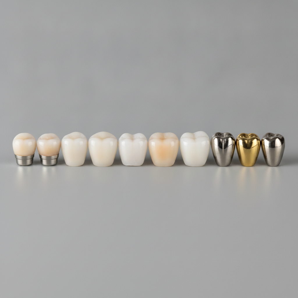 Dental Crowns in Turkey display various materials: porcelain, zirconia, E-max, and durable metal options.