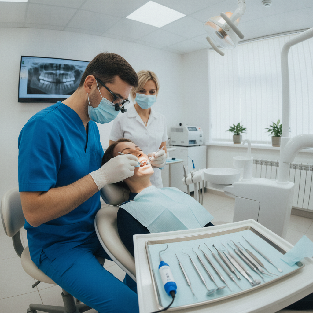 Dental Crowns in Turkey procedure showing a dentist carefully fitting a permanent crown onto a patient's tooth.