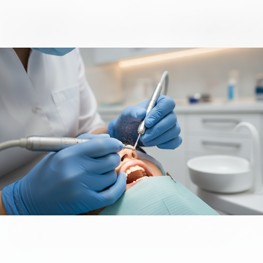 Dental professional preparing tooth for crown Dental Crowns in Turkey, a skilled dentist precisely prepares a patient's tooth for a custom crown restoration.