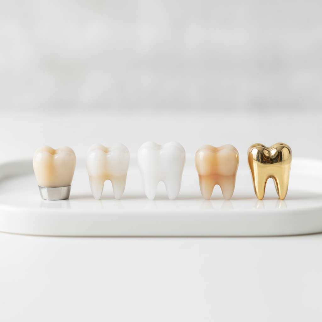 Exploring diverse materials for dental crowns Dental Crowns in Turkey displaying the diverse types available, from ceramic to metal materials