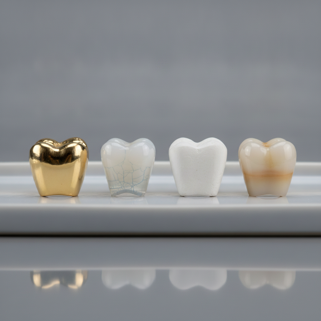 Comparison of diverse dental crown materials Dental Crowns in Turkey showcasing various materials like zirconia, porcelain, and metal options for patients.