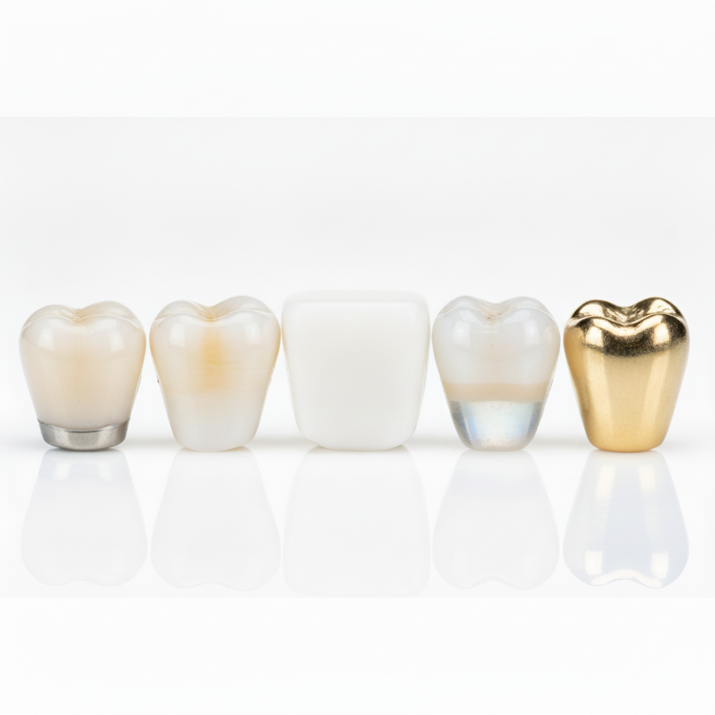 Comparing diverse dental crown material options Dental Crowns in Turkey showcasing various materials like zirconia, E-max, and porcelain, chosen for specific patient needs