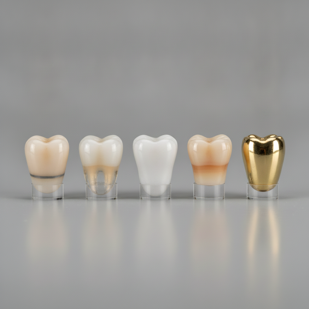 Dental crown materials close-up comparison Dental Crowns in Turkey offer various materials, including zirconia, porcelain, E-max, and metal options