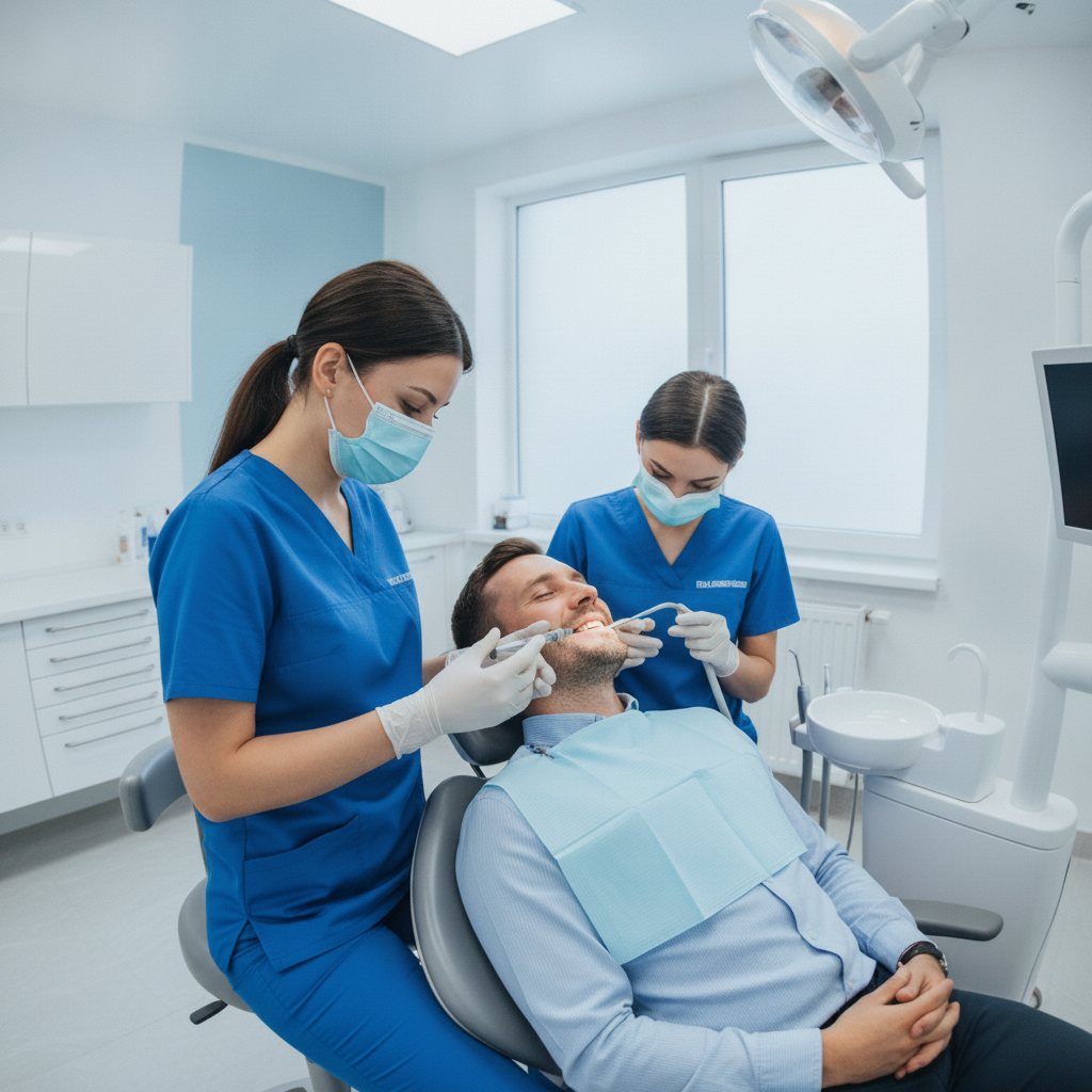 Dental implant patient receiving local anesthesia Pain Level of Dental Implants in Turkey is minimized by local anesthesia administered for patient comfort.