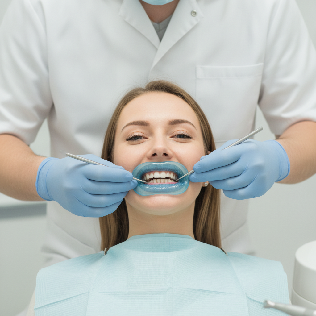 Clinical teeth whitening procedure in progress Teeth Whitening in Turkey clinical process with specialized light activation by dental professional