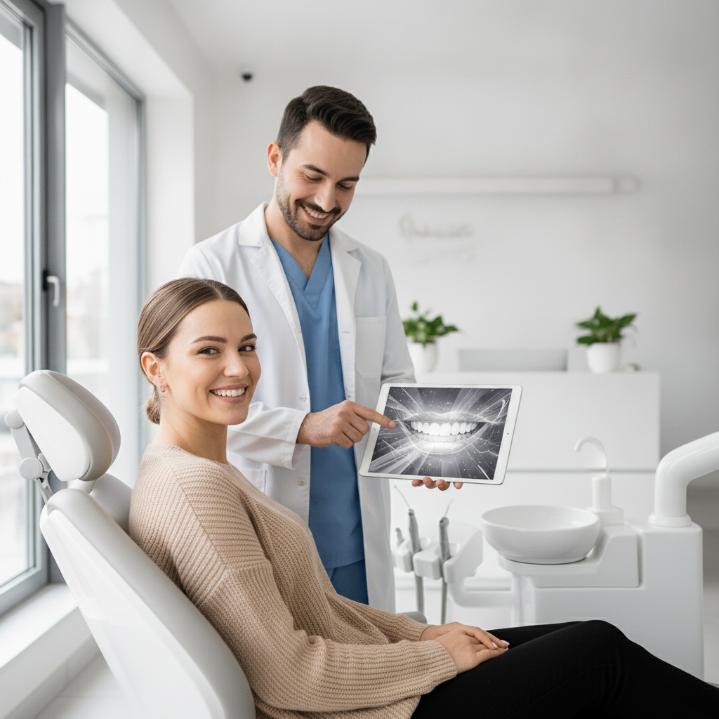 Smile Makeover in Turkey involves careful planning; patients review digital smile designs for their transformation.
