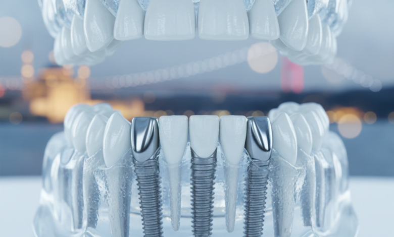 Close-up of an ultra-detailed anatomical model demonstrating the All-on-4 dental implant technique, with four metallic implants precisely placed into a jawbone. The background features a soft-focused, blurred architectural silhouette suggestive of Istanbul, Turkey.