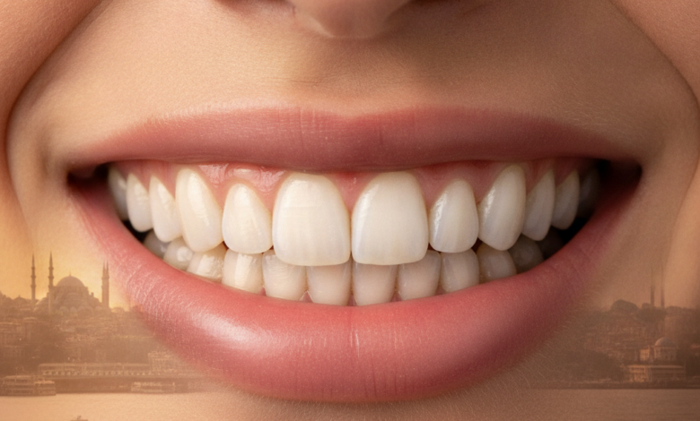 Close-up of a bright, healthy, and natural-looking smile with perfectly aligned teeth, suggesting the successful outcome of cosmetic dental bonding. The background is a blurred, warm panorama of a Turkish cityscape, specifically hinting at Istanbul with its iconic landmarks and water.