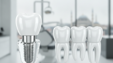 A photorealistic image with a shallow depth of field, featuring a conceptual dental implant on the left and a conceptual dental bridge on the right. Both are gleaming white ceramic, highly detailed, and appear technologically advanced. The background is a blurred modern dental clinic, and through a window, an even more blurred cityscape, indicative of Istanbul, Turkey, is visible. No text is present.