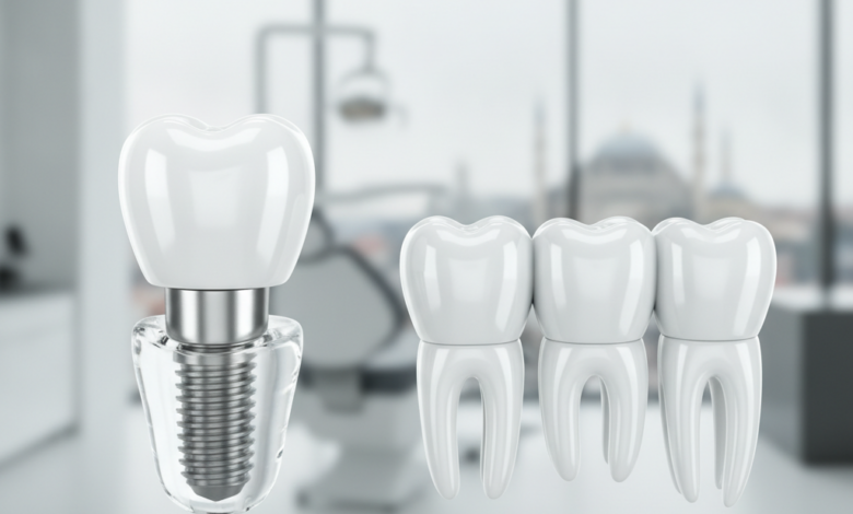 A photorealistic image with a shallow depth of field, featuring a conceptual dental implant on the left and a conceptual dental bridge on the right. Both are gleaming white ceramic, highly detailed, and appear technologically advanced. The background is a blurred modern dental clinic, and through a window, an even more blurred cityscape, indicative of Istanbul, Turkey, is visible. No text is present.