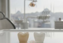 Photorealistic image of two gleaming dental crown models, one white porcelain and one slightly off-white zirconia, resting on a reflective white surface in a modern, clean dental clinic. Through a large, blurred window in the background, a distant, sunlit cityscape of Istanbul, Turkey, with subtle architectural features, is visible.