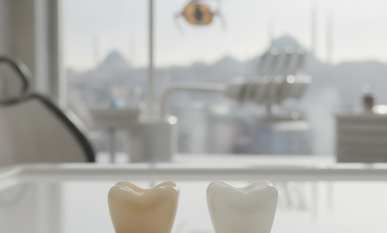 Photorealistic image of two gleaming dental crown models, one white porcelain and one slightly off-white zirconia, resting on a reflective white surface in a modern, clean dental clinic. Through a large, blurred window in the background, a distant, sunlit cityscape of Istanbul, Turkey, with subtle architectural features, is visible.