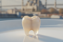 A close-up, photorealistic image of a perfect, natural-looking dental crown resting on a clean, sterile surface, with a heavily blurred background showing an iconic Turkish landmark.