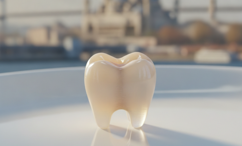 A close-up, photorealistic image of a perfect, natural-looking dental crown resting on a clean, sterile surface, with a heavily blurred background showing an iconic Turkish landmark.