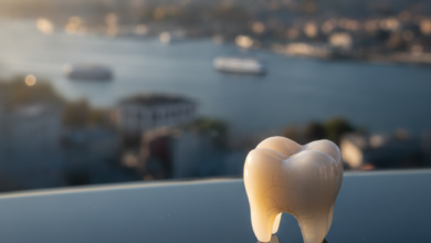 A gleaming, perfectly sculpted ceramic dental crown in sharp focus in the foreground, placed on a smooth, reflective surface. In the background, a beautifully blurred, sunny panoramic cityscape of Istanbul, Turkey, with recognizable domes and minarets, creates a soft bokeh effect.