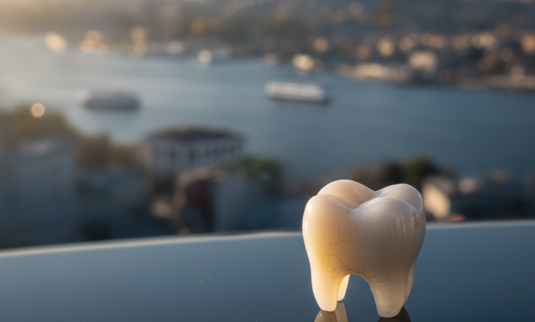 A gleaming, perfectly sculpted ceramic dental crown in sharp focus in the foreground, placed on a smooth, reflective surface. In the background, a beautifully blurred, sunny panoramic cityscape of Istanbul, Turkey, with recognizable domes and minarets, creates a soft bokeh effect.