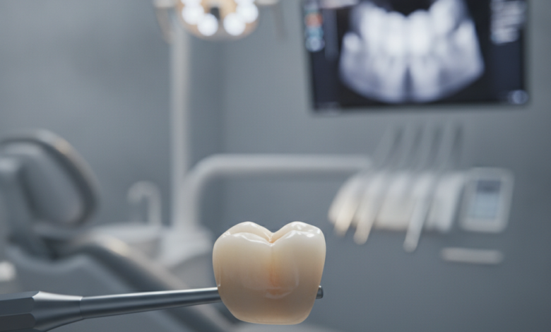 A photorealistic close-up of a meticulously crafted, natural-looking dental crown with translucent qualities, set against a softly blurred background of a clean, modern dental clinic interior.
