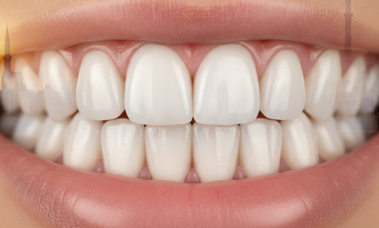 A close-up, photorealistic image of a perfect, bright white smile, representing successful dental crown treatment. The background is a heavily blurred, warm-toned cityscape of Istanbul, Turkey, with architectural hints, emphasizing dental tourism.