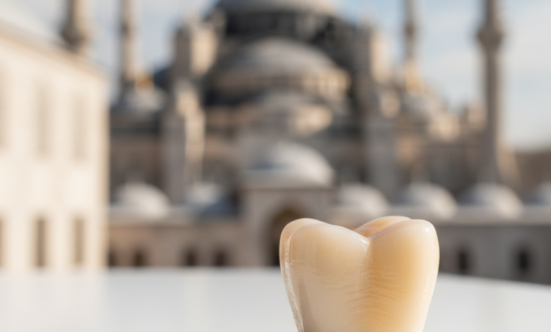 Close-up of a meticulously crafted, natural-looking ceramic dental crown against a softly blurred background featuring a distinct, warm-toned silhouette of an iconic Turkish mosque or historical building under bright daylight. The crown is the sharp focal point.