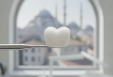A close-up, photorealistic image of a sparkling white, perfectly shaped dental crown, ready for a procedure, set against a blurred background of a modern dental clinic and a subtle, out-of-focus Turkish cityscape.