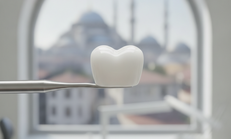 A close-up, photorealistic image of a sparkling white, perfectly shaped dental crown, ready for a procedure, set against a blurred background of a modern dental clinic and a subtle, out-of-focus Turkish cityscape.