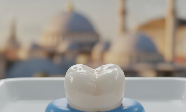 A close-up, high-definition image of a perfectly sculpted, white dental crown, gleaming under bright, professional lighting. The background is a soft blur of a modern dental clinic, with distant, indistinct architectural shapes suggesting a city like Istanbul.