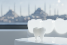 A photorealistic image of a pristine white dental crown in sharp focus, set against a softly blurred background subtly hinting at radiant teeth and the distant, blurred skyline of Istanbul, Turkey. The scene conveys modern dental excellence and the appeal of dental tourism.