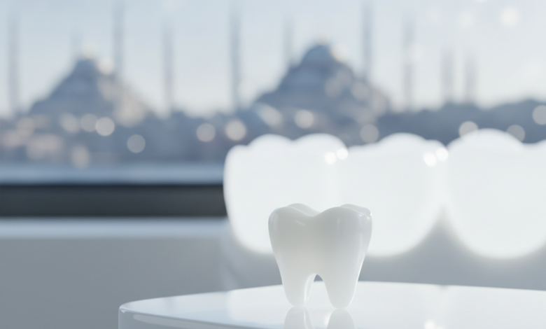 A photorealistic image of a pristine white dental crown in sharp focus, set against a softly blurred background subtly hinting at radiant teeth and the distant, blurred skyline of Istanbul, Turkey. The scene conveys modern dental excellence and the appeal of dental tourism.