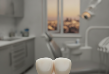A detailed close-up of a perfectly crafted, natural-looking dental crown, appearing flawless and translucent. The background shows a heavily blurred modern dental clinic, with a soft, out-of-focus suggestion of a city skyline in the distance, implying a professional healthcare setting abroad.