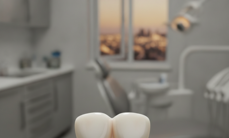 A detailed close-up of a perfectly crafted, natural-looking dental crown, appearing flawless and translucent. The background shows a heavily blurred modern dental clinic, with a soft, out-of-focus suggestion of a city skyline in the distance, implying a professional healthcare setting abroad.