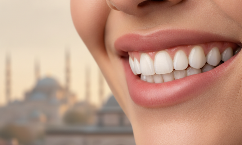 A photorealistic, close-up image of a perfect, bright, and healthy human smile with pristine, natural-looking teeth, set against a very softly blurred background showing indistinct elements of Turkish architecture or a distant cityscape.