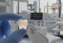 A photorealistic image of a perfectly crafted, luminous dental crown prominently displayed in a clean, modern dental clinic. The background is a subtly blurred view of a Turkish cityscape, hinting at Istanbul's architecture, emphasizing advanced dental care in Turkey.