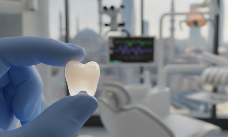 A photorealistic image of a perfectly crafted, luminous dental crown prominently displayed in a clean, modern dental clinic. The background is a subtly blurred view of a Turkish cityscape, hinting at Istanbul's architecture, emphasizing advanced dental care in Turkey.