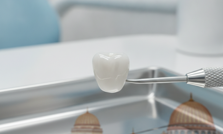 Close-up of a brilliant white, perfectly sculpted dental crown resting on a sterile dental tool, with a heavily blurred background hinting at a modern clinic and traditional Turkish architecture. The image is photorealistic and free of text.