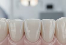 Close-up, photorealistic image of a natural-looking, perfectly fitted dental crown on a healthy tooth. The background is a softly blurred, modern dental clinic, emphasizing quality and advanced technology.