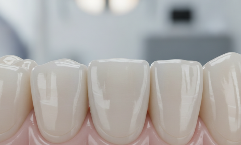 Close-up, photorealistic image of a natural-looking, perfectly fitted dental crown on a healthy tooth. The background is a softly blurred, modern dental clinic, emphasizing quality and advanced technology.