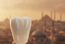 A sparkling, photorealistic dental crown in crisp focus, positioned in the foreground. The background is a beautifully blurred, warm-toned panoramic view of Istanbul, featuring recognizable architectural silhouettes like mosques, suggesting high-quality dental tourism. The scene is bathed in cinematic light with shallow depth of field.