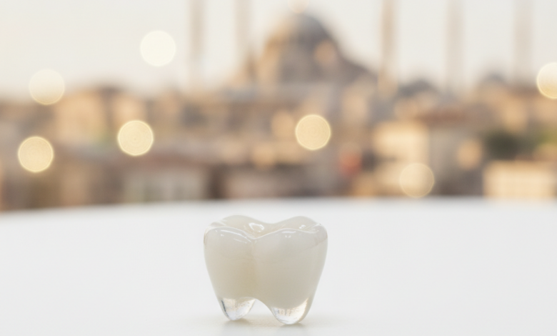 A pristine, perfectly white dental crown displayed on a clean surface in the foreground, with the iconic, blurred skyline of Istanbul, Turkey, featuring minarets and domes, visible in the background, symbolizing high-quality dental tourism.