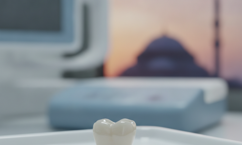 A perfectly crafted, luminous dental crown in sharp focus, showcasing its natural translucency and smooth surface. The background is softly blurred, hinting at a modern dental clinic setting, with a very distant, indistinct silhouette of a Turkish landmark under a warm sky.