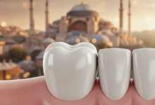 A photorealistic close-up of a pristine, white dental crown on a healthy tooth. In the deeply blurred background, a majestic architectural landmark from Istanbul, Turkey, is subtly visible, indicating the location. The image conveys professional dental care and destination travel.